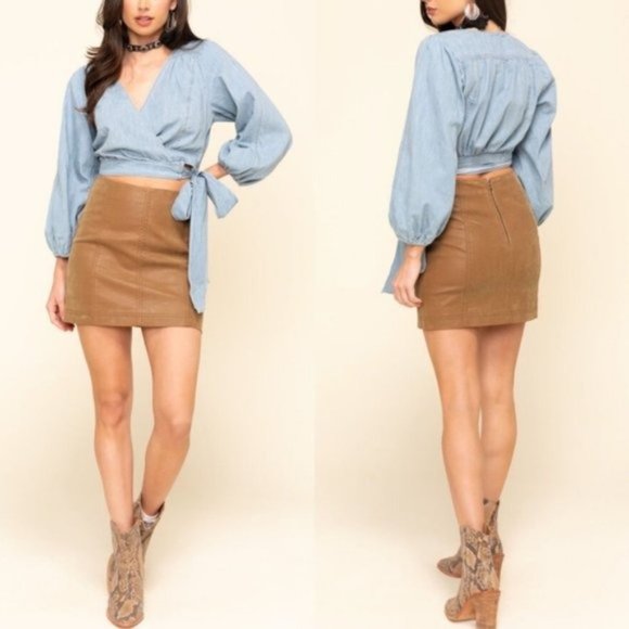 Free People Modern Femme Vegan Zip Mini Skirt Light Brown Chestnut Sz 6 - Picture 2 of 8